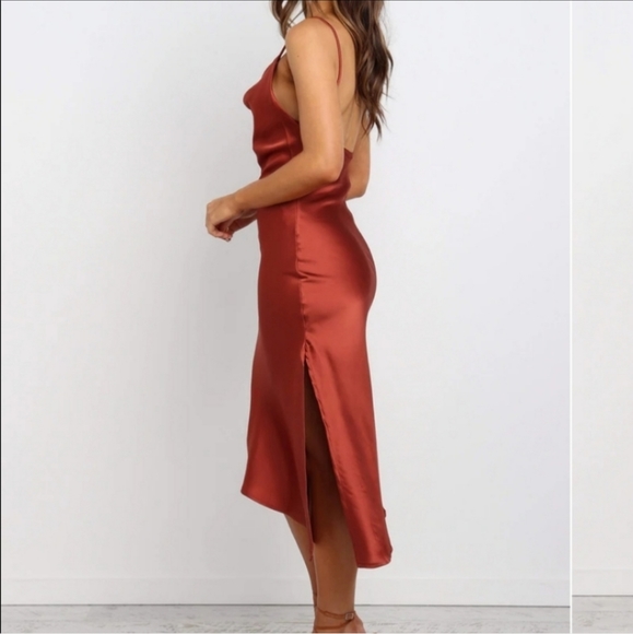 Petal & Pup Rust Cypress Draped Cowl Silky Satin Side Slit Midi Slip Dress Sz 4 - Picture 6 of 10
